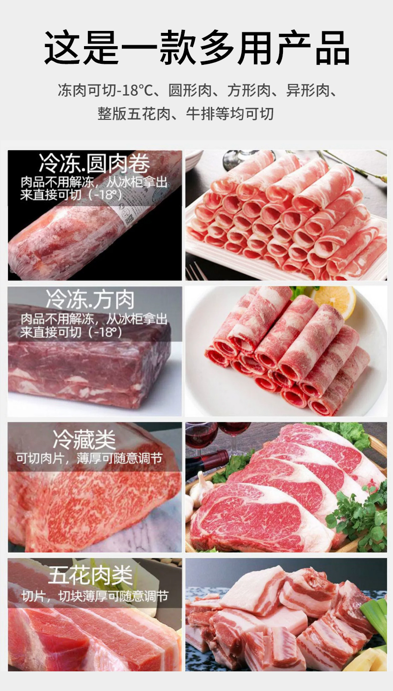 機(jī)器可以直接切零下18度凍肉、圓形肉、方形肉、五花肉、牛排等。